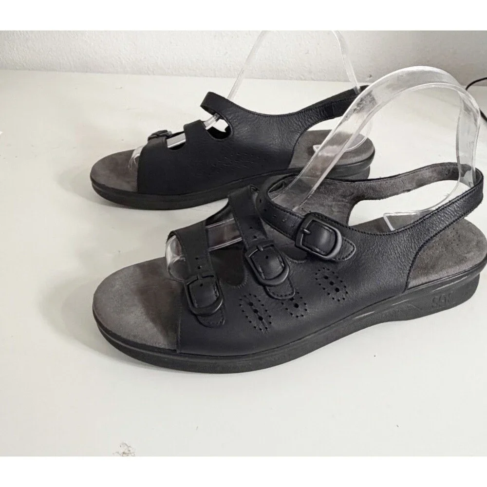 SAS Sandals Womens 9.5 Black Leather Caress Slingback Ankle Strap Wedge Heel USA